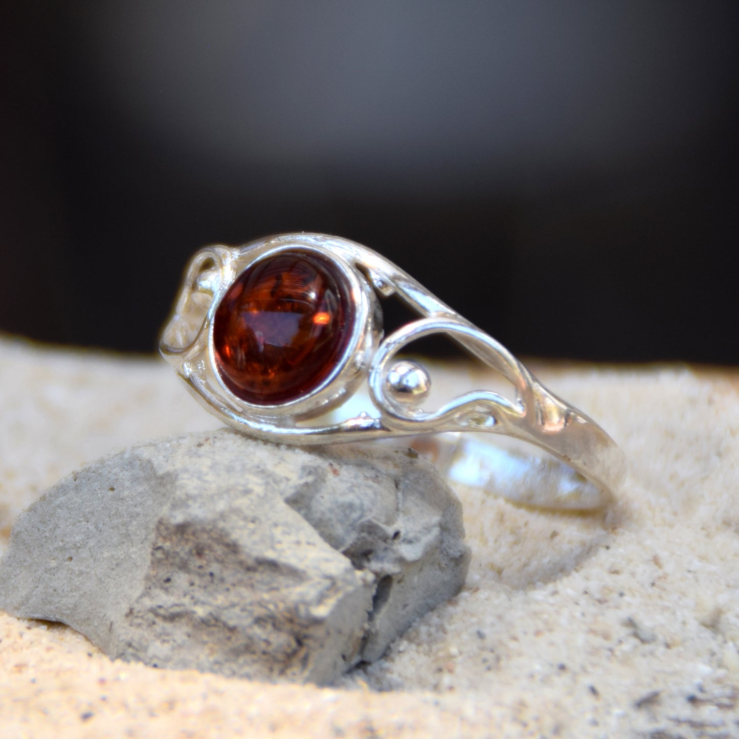 Delicate band ring in cognac-colored natural Amber and 925 Silver, MJ Baltica, BP121