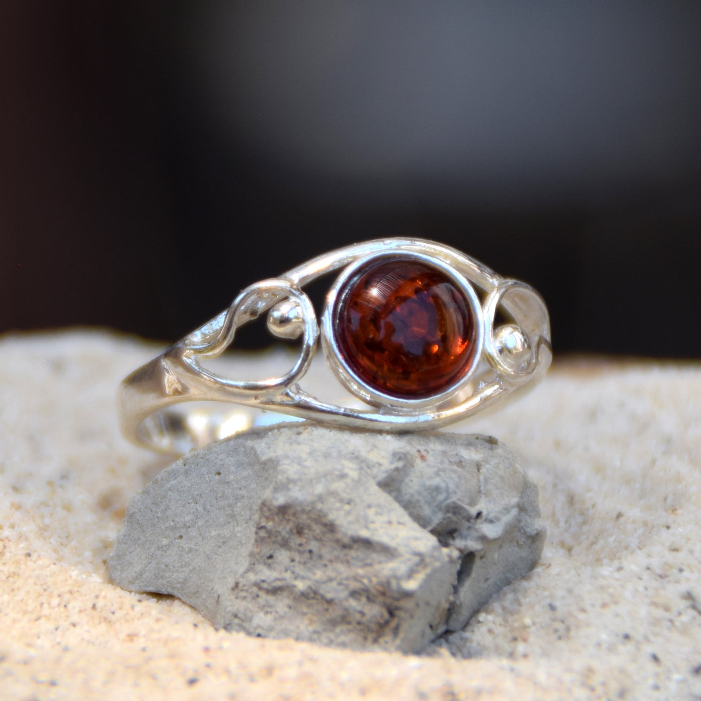 Delicate band ring in cognac-colored natural Amber and 925 Silver, MJ Baltica, BP121