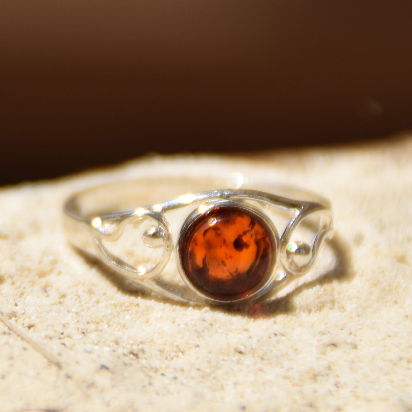 Delicate band ring in cognac-colored natural Amber and 925 Silver, MJ Baltica, BP121