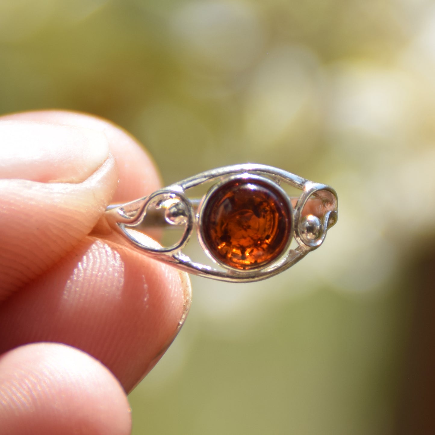 Delicate band ring in cognac-colored natural Amber and 925 Silver, MJ Baltica, BP121