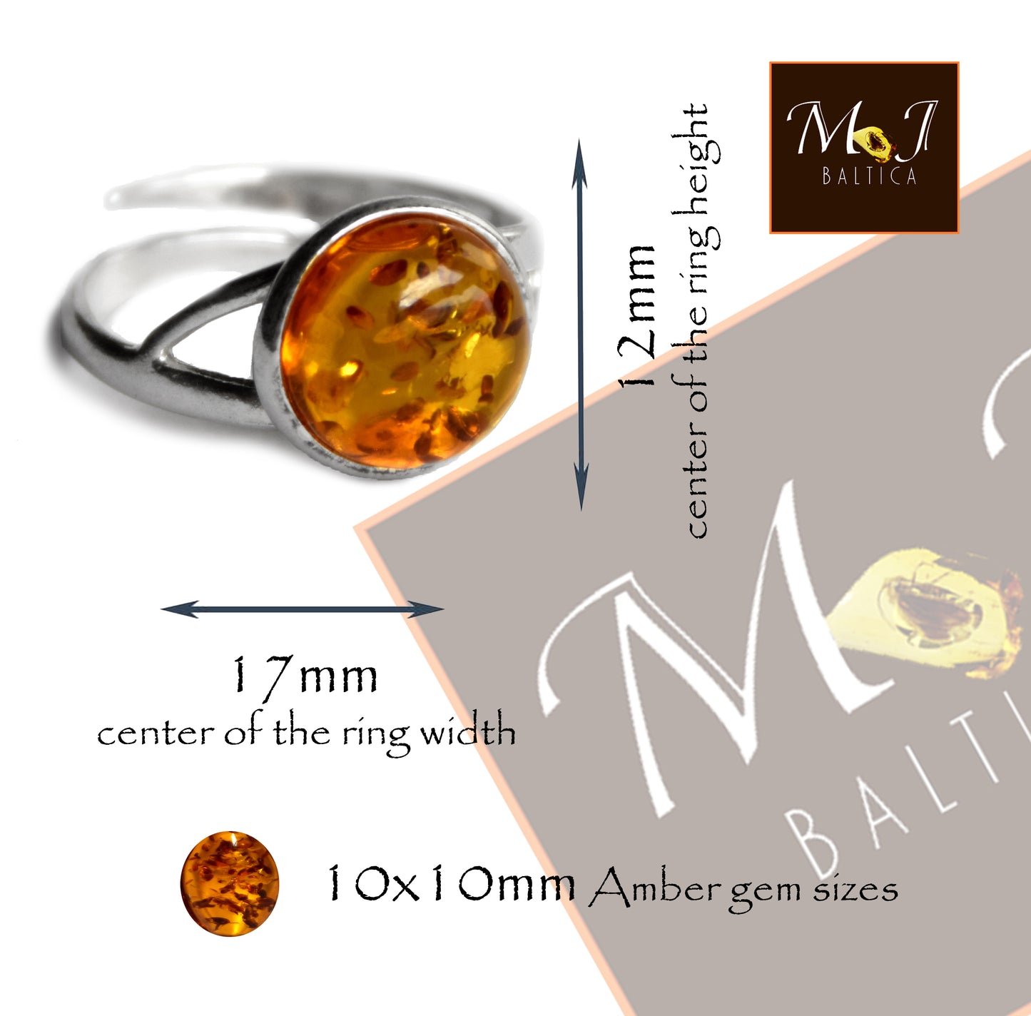 MJ Baltica, ring, natural Baltic amber, 925 silver, adjustable, handcrafted, cognac amber, filigree, BP118