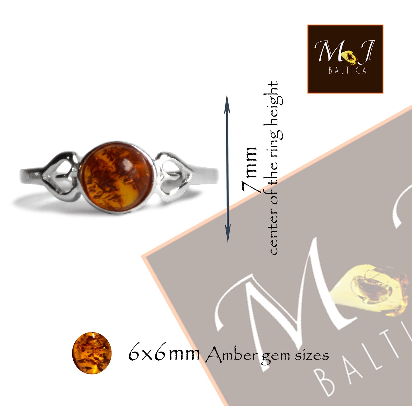 MJ Baltica, ring, natural Baltic Amber, 925 Silver, handcrafted, heart, luminous, delicate, BP101