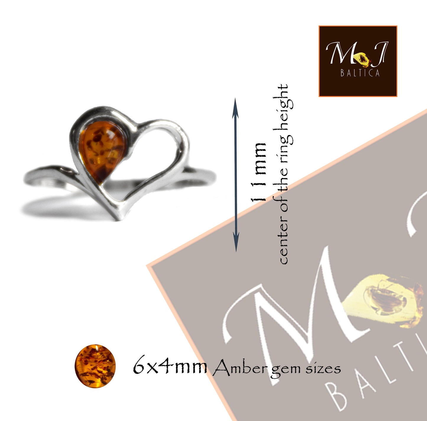 MJ Baltica, ring, natural Baltic Amber, 925 Silver, handcrafted, heart, luminous, delicate, BP101