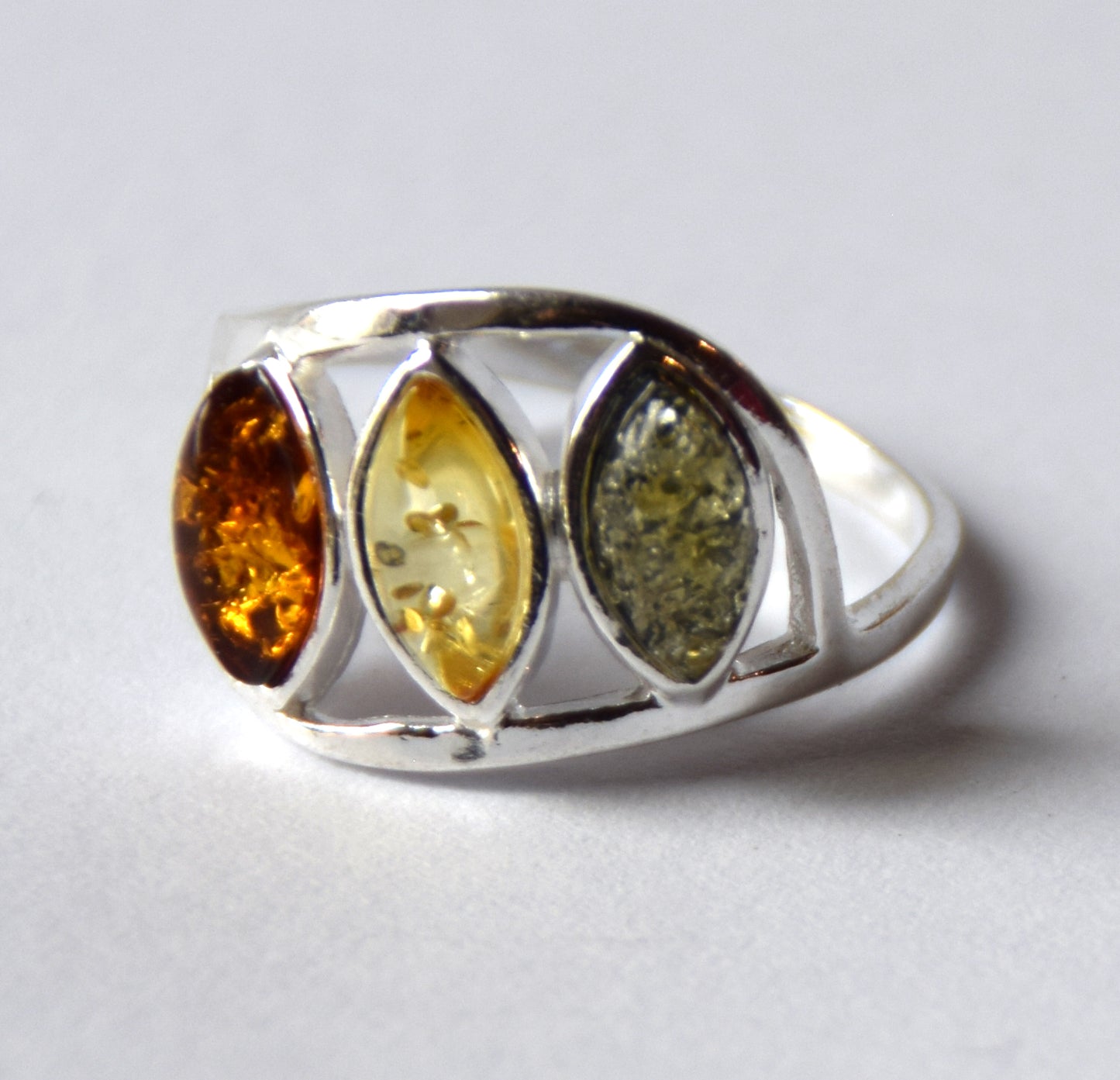 MJ Baltica, ring, natural Baltic Amber, 925 Silver, handcrafted, multicolored, luminous BP120