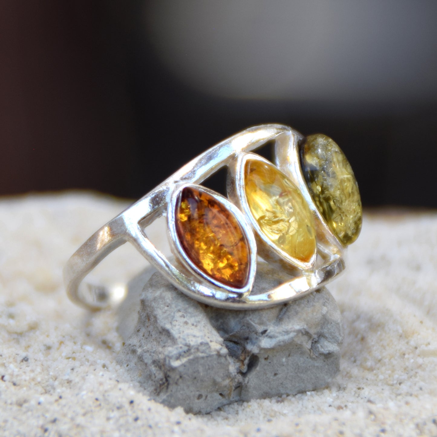 MJ Baltica, ring, natural Baltic Amber, 925 Silver, handcrafted, multicolored, luminous BP120