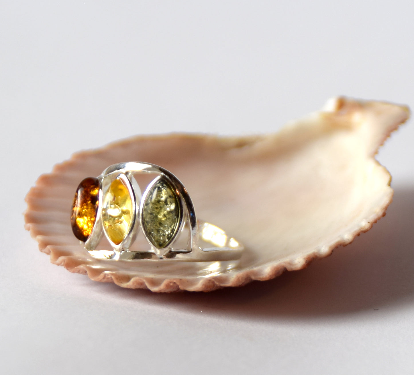 MJ Baltica, ring, natural Baltic Amber, 925 Silver, handcrafted, multicolored, luminous BP120