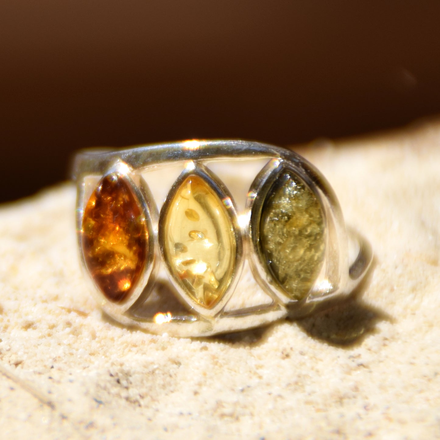 MJ Baltica, ring, natural Baltic Amber, 925 Silver, handcrafted, multicolored, luminous BP120