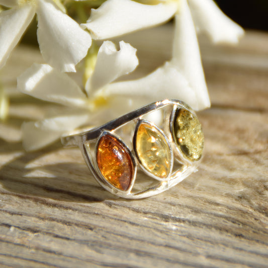 MJ Baltica, ring, natural Baltic Amber, 925 Silver, handcrafted, multicolored, luminous BP120