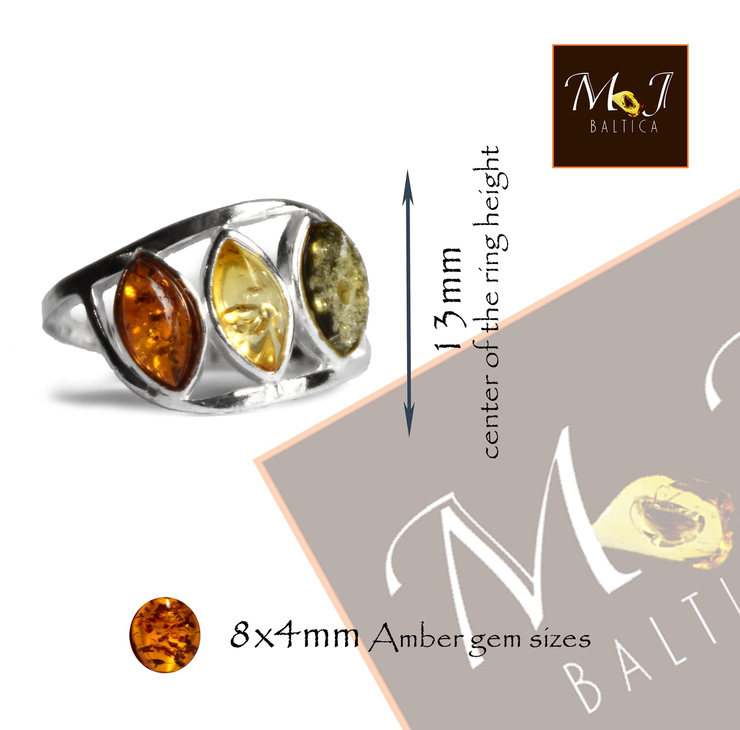 MJ Baltica, ring, natural Baltic Amber, 925 Silver, handcrafted, multicolored, luminous BP120