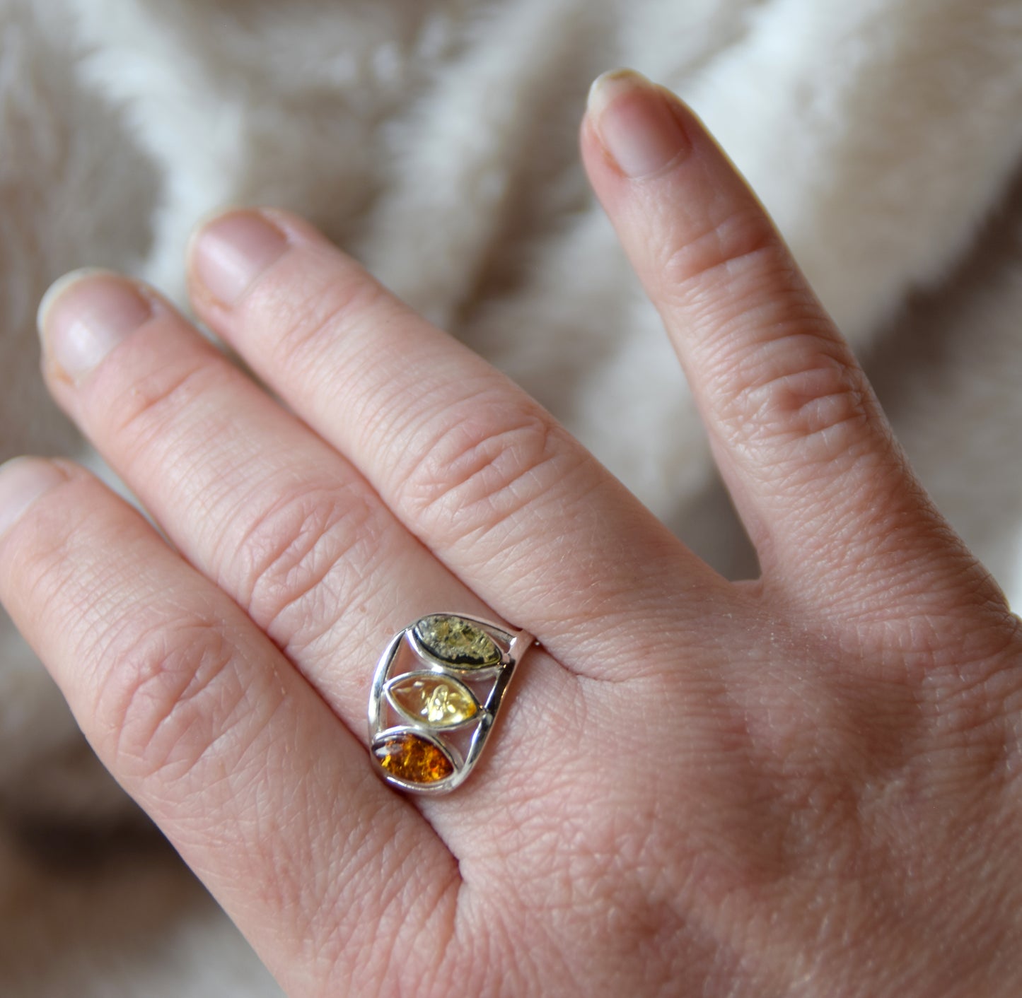 MJ Baltica, ring, natural Baltic Amber, 925 Silver, handcrafted, multicolored, luminous BP120