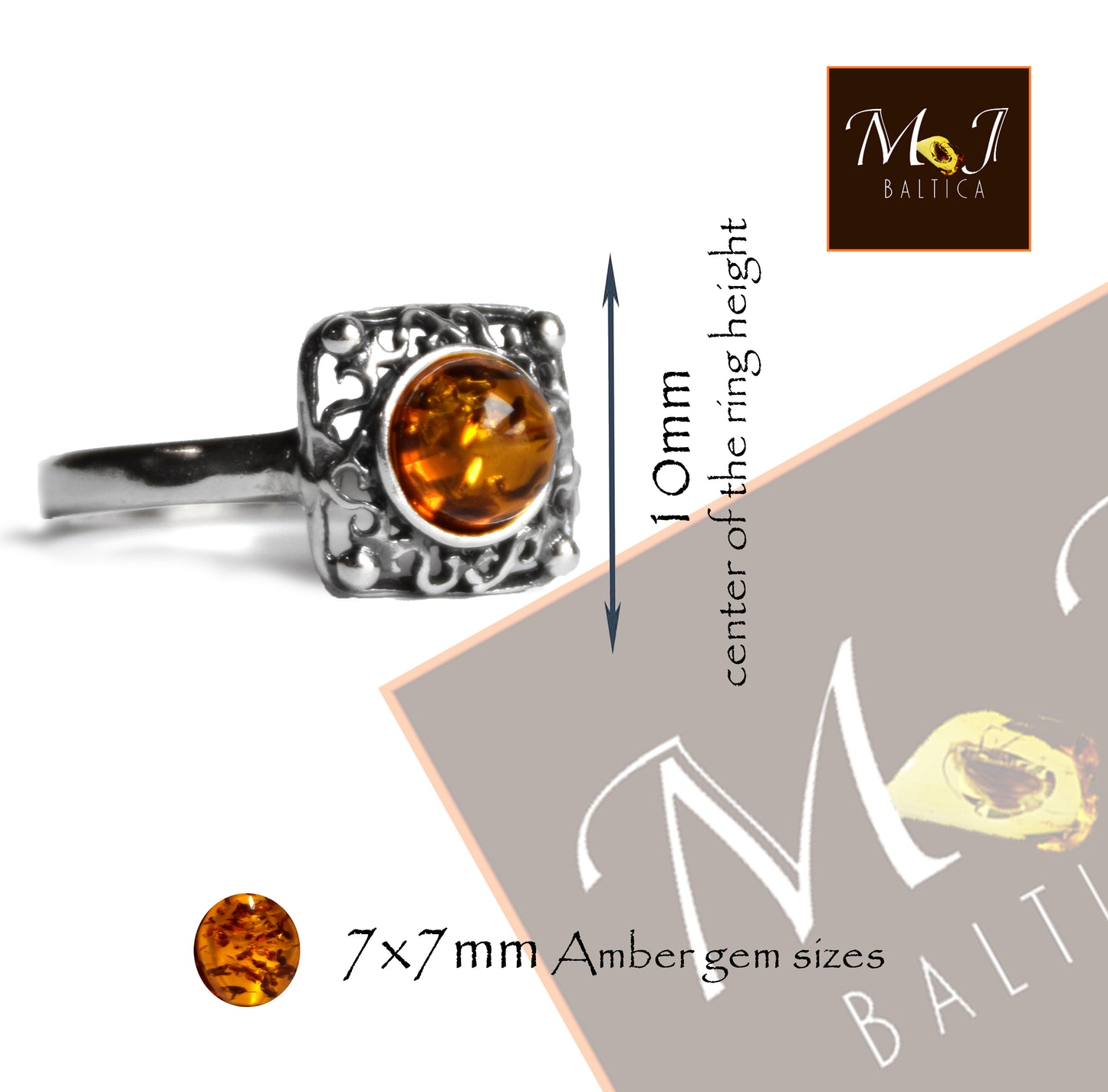 MJ Baltica, ring, natural Baltic Amber, 925 Silver, handcrafted, heart, luminous, delicate, BP101