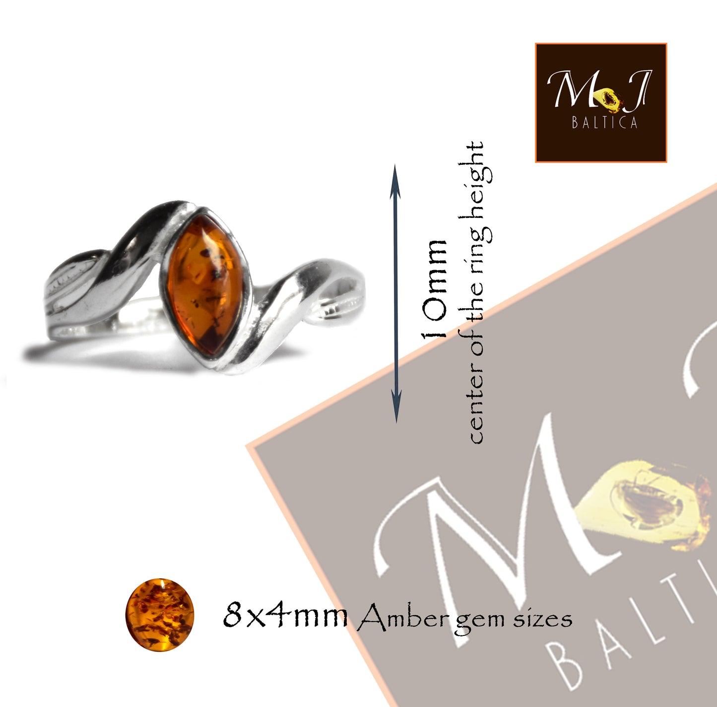 MJ Baltica, ring, natural Baltic Amber, 925 Silver, handcrafted, heart, luminous, delicate, BP101