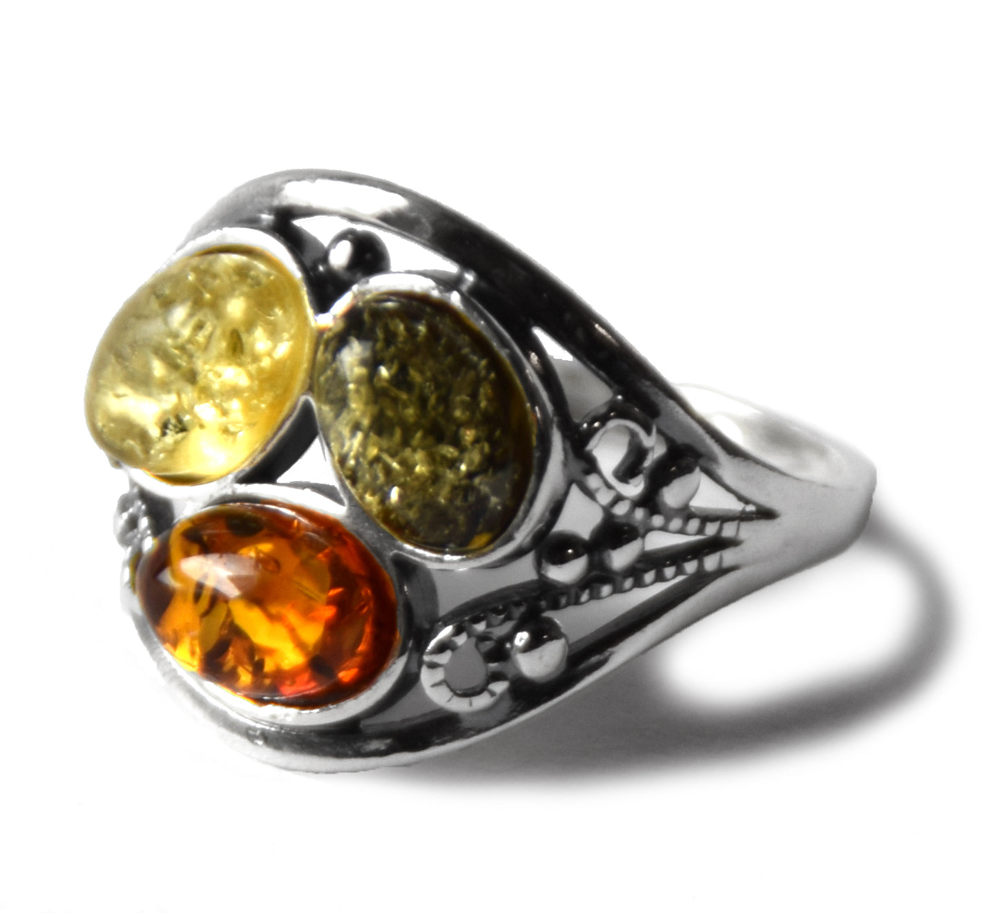 MJ Baltica, ring, natural Baltic Amber, 925 Silver, handcrafted, multicolored, luminous BP133