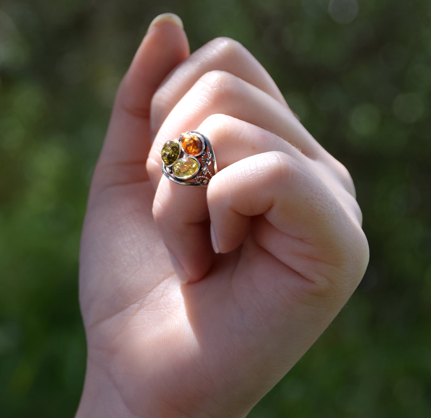 MJ Baltica, ring, natural Baltic Amber, 925 Silver, handcrafted, multicolored, luminous BP133