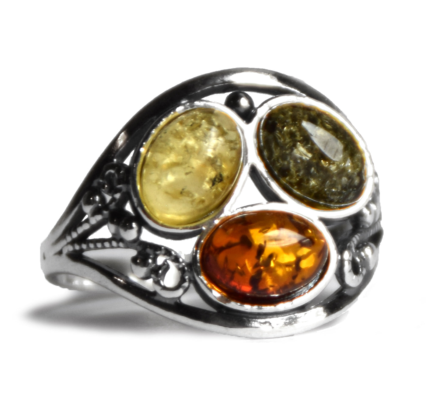 MJ Baltica, ring, natural Baltic Amber, 925 Silver, handcrafted, multicolored, luminous BP133