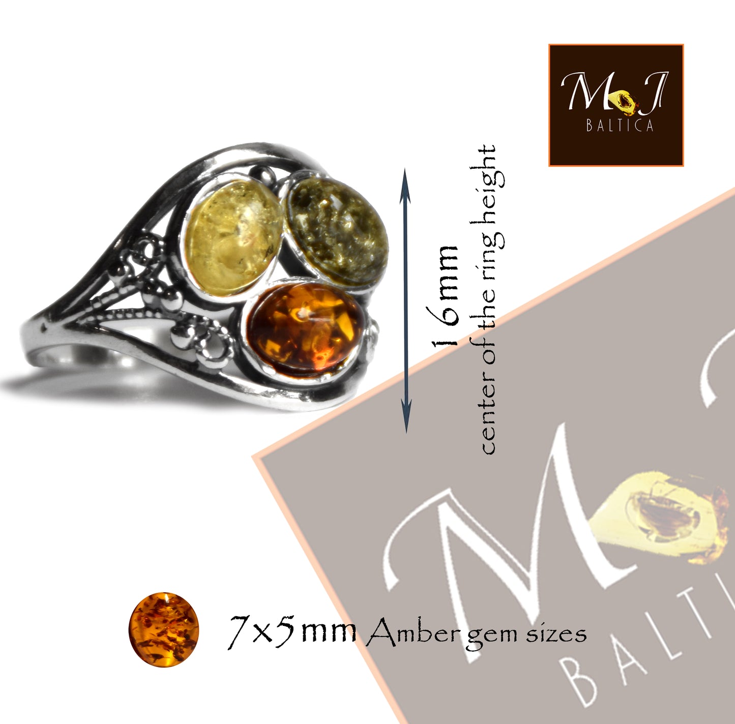 MJ Baltica, ring, natural Baltic Amber, 925 Silver, handcrafted, multicolored, luminous BP133