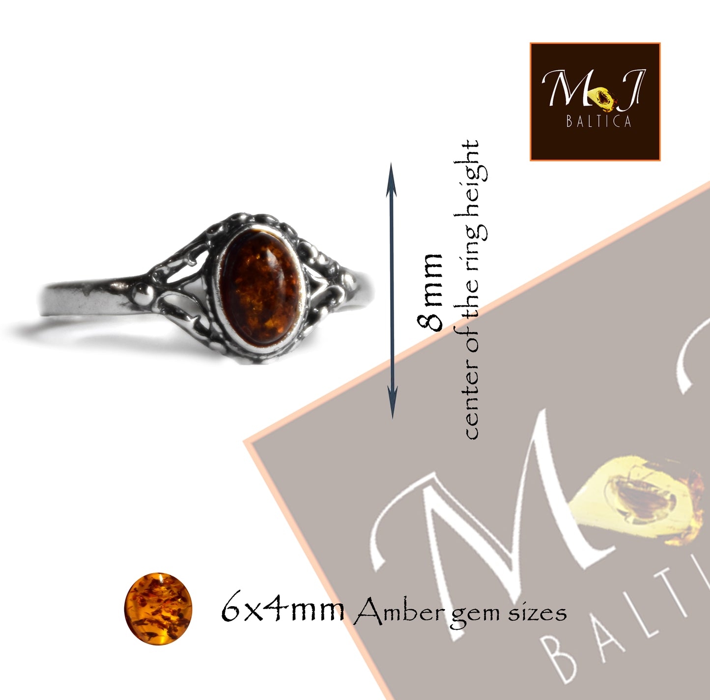 MJ Baltica, anello, Ambra naturale Baltica, Argento 925, artigianale, luminoso, delicato, BP134