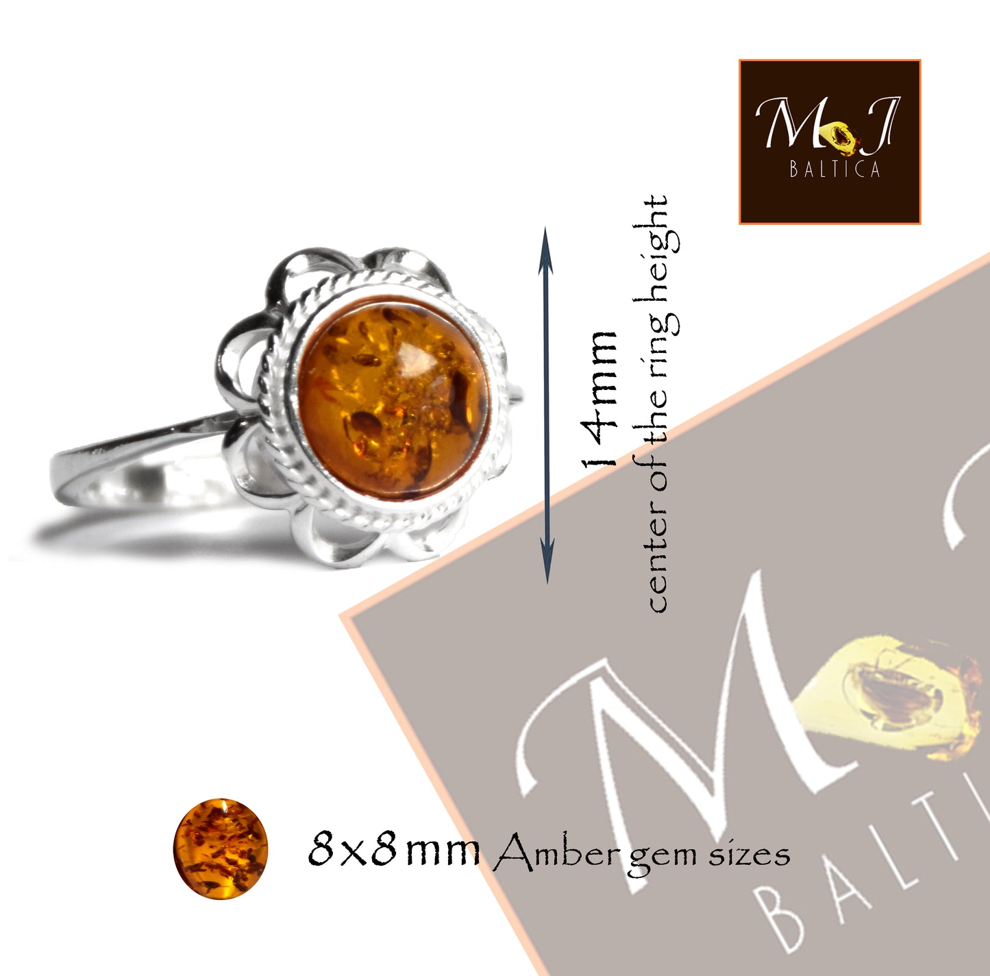 MJ Baltica, anello, Ambra naturale Baltica, Argento 925, artigianale, luminoso, intenso, BP137