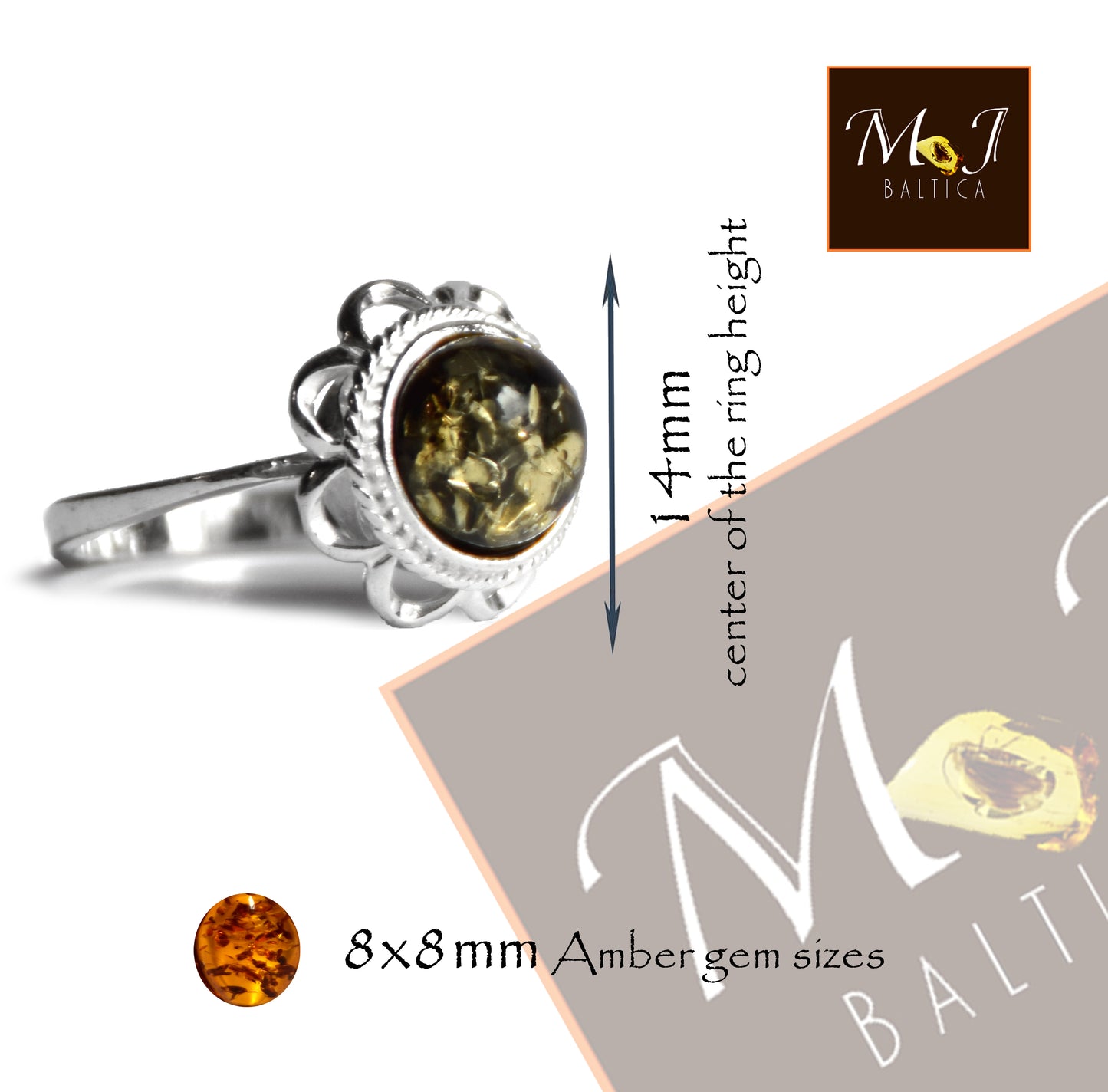 MJ Baltica, anello Ambra naturale Baltica, Argento 925, elegante, luminoso, bellissimo, verde, BP138