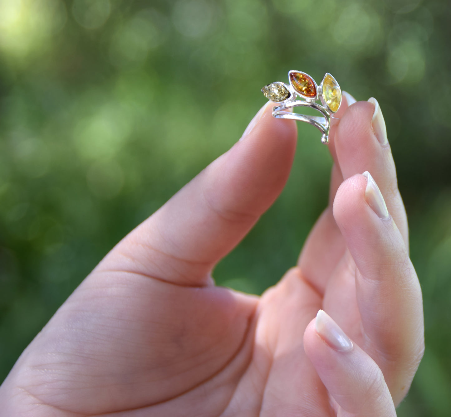 MJ Baltica, ring, natural Baltic Amber, 925 Silver, handcrafted, multicolored, luminous BP140