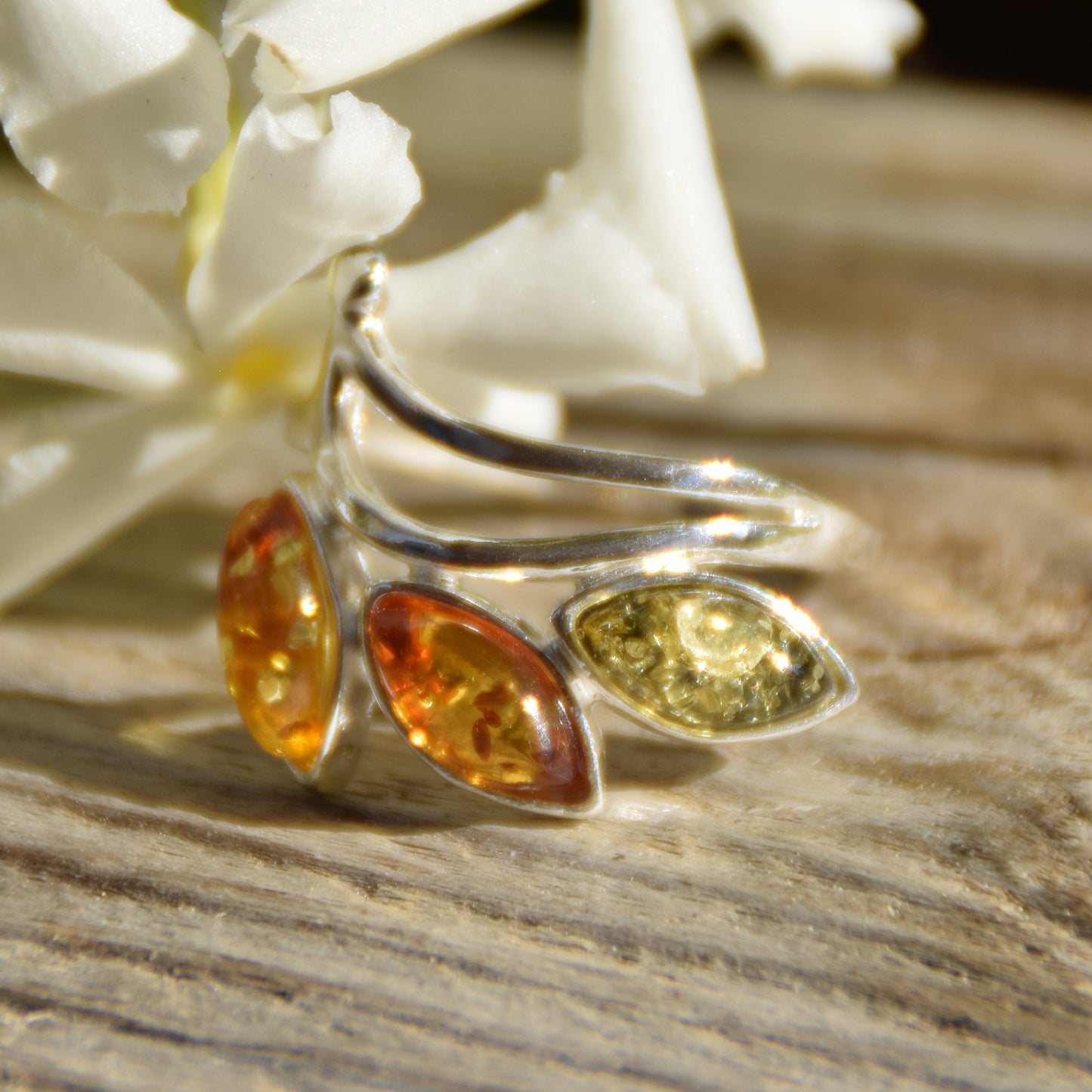Floral band ring in various shades of natural Amber and 925 Silver, MJ Baltica, BP140