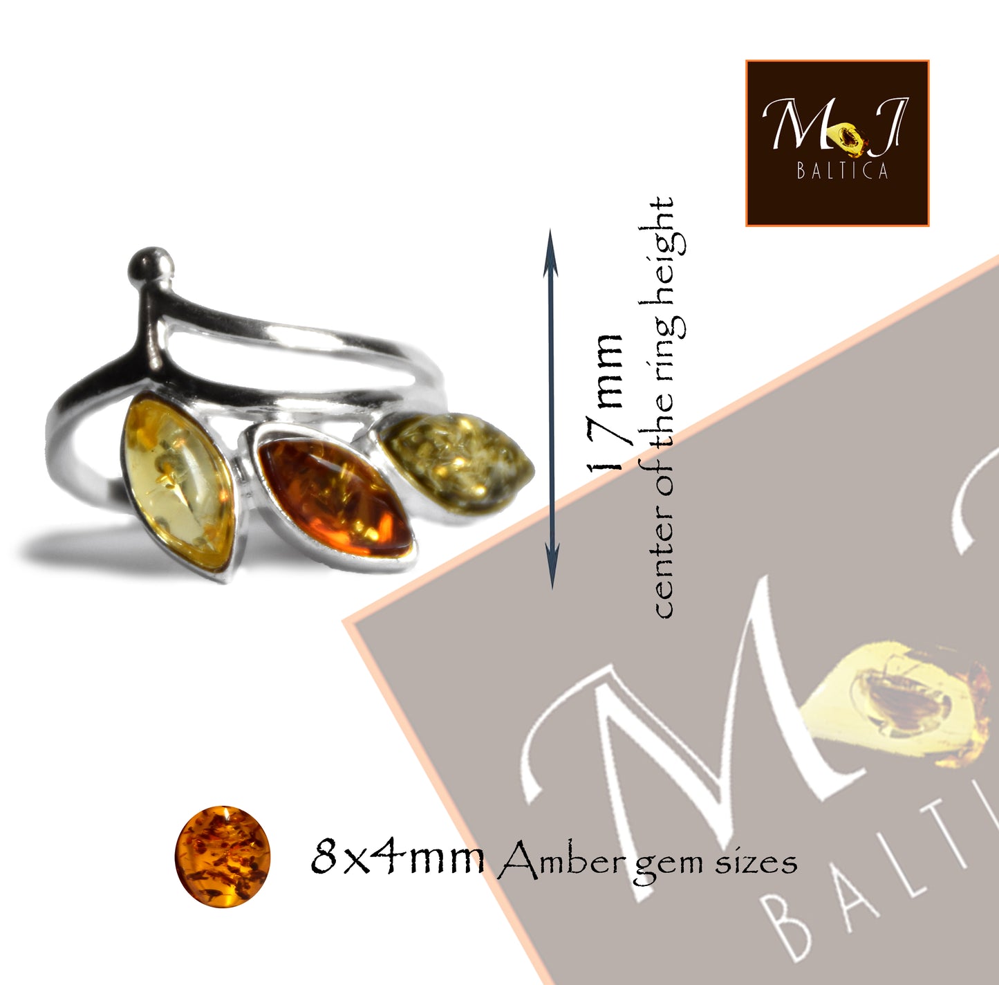 MJ Baltica, ring, natural Baltic Amber, 925 Silver, handcrafted, multicolored, luminous BP140