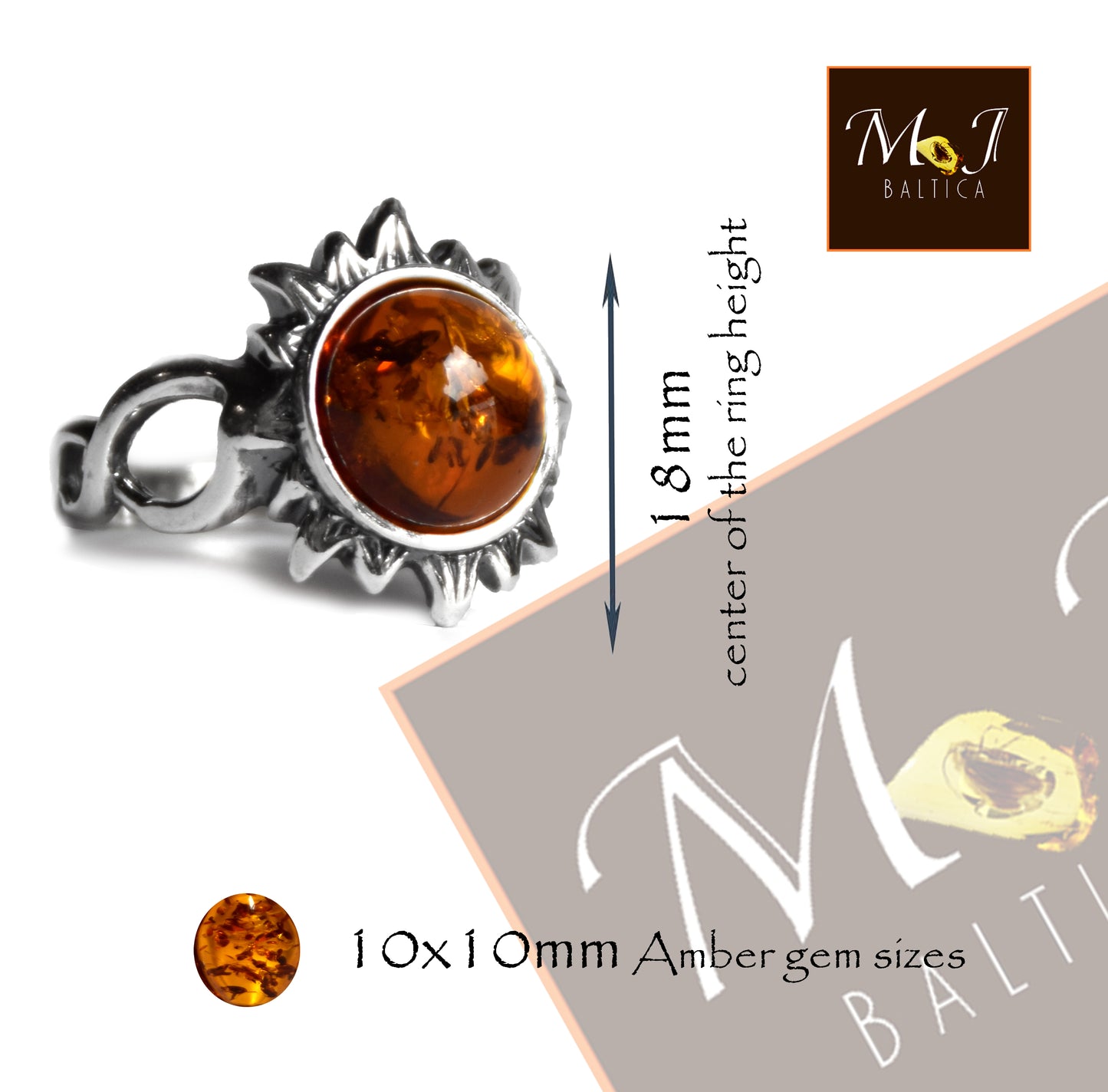 MJ Baltica, anello, Ambra naturale Baltica, Argento 925, grande, Sole, BP142