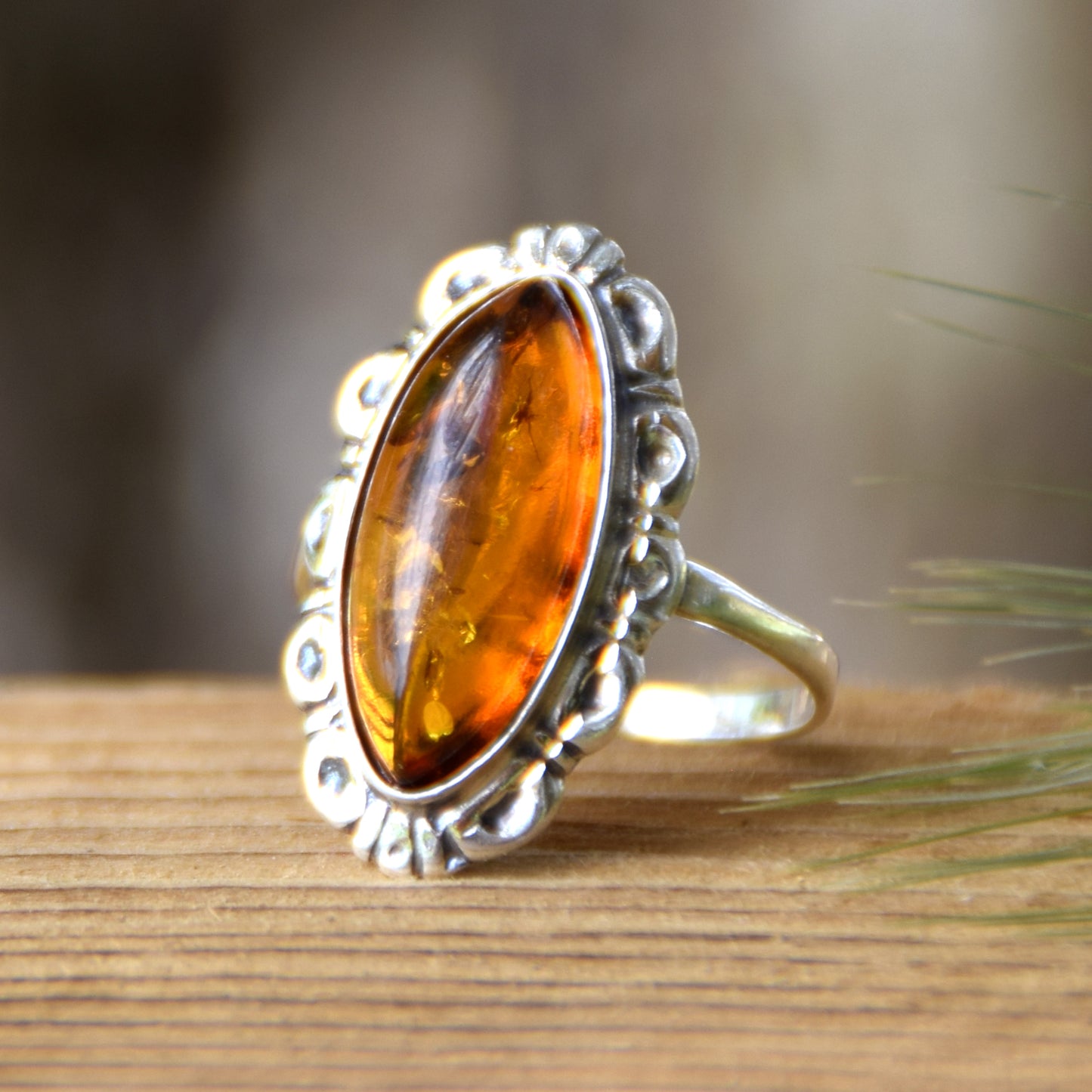 Tall vintage style ring with natural cognac amber and 925 silver, MJ Baltica, BP143