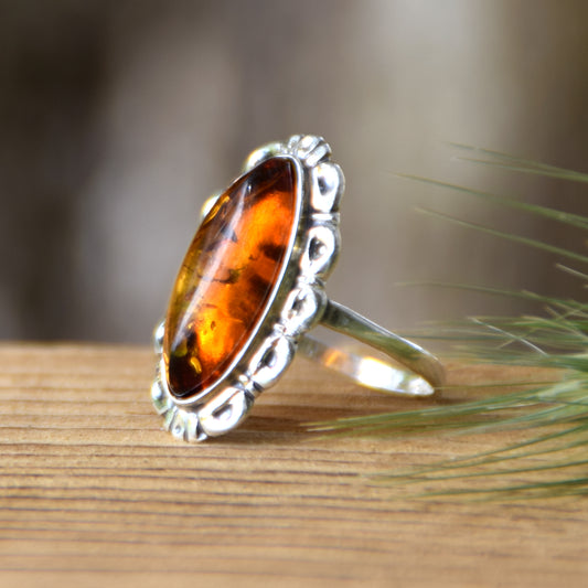 Tall vintage style ring with natural cognac amber and 925 silver, MJ Baltica, BP143