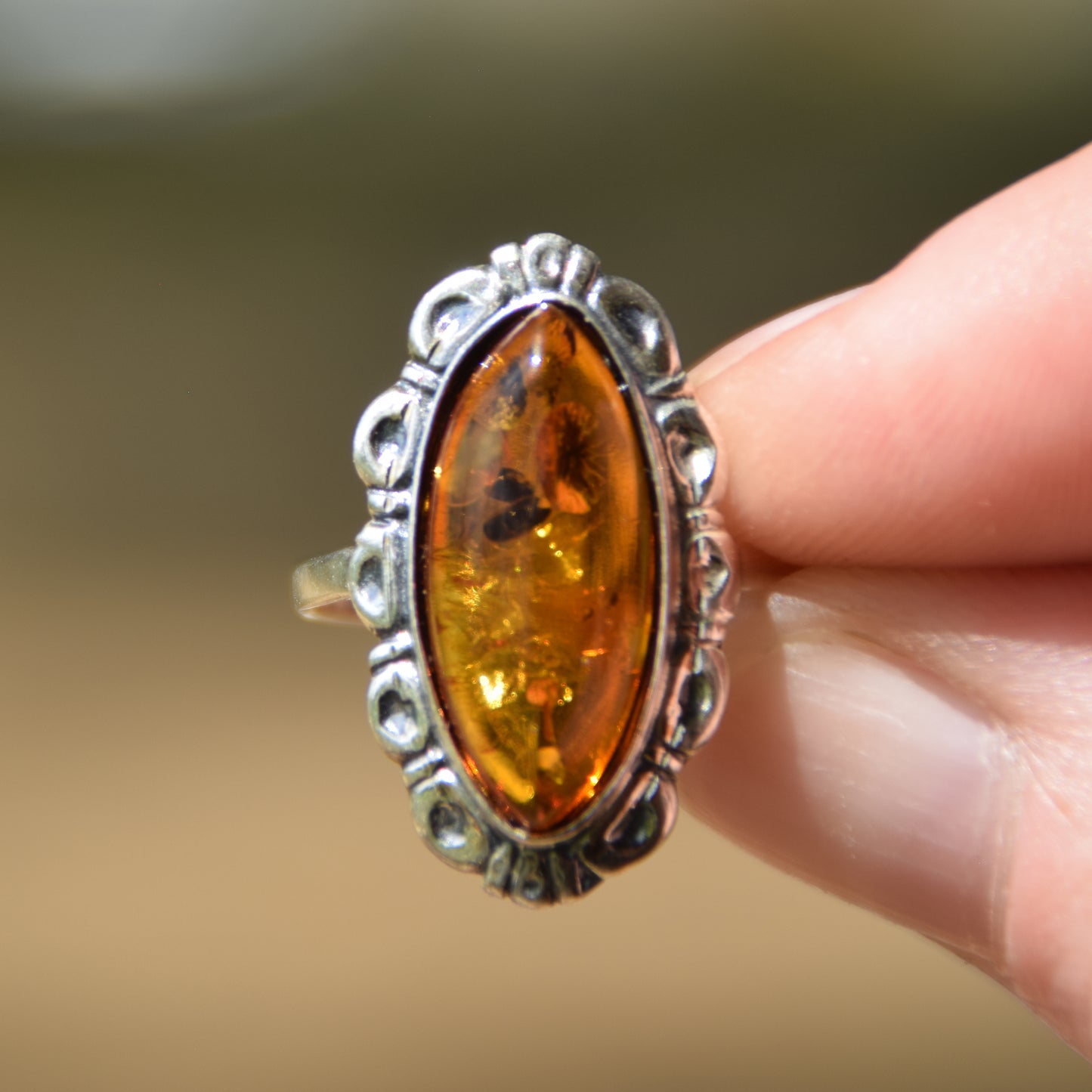 Tall vintage style ring with natural cognac amber and 925 silver, MJ Baltica, BP143