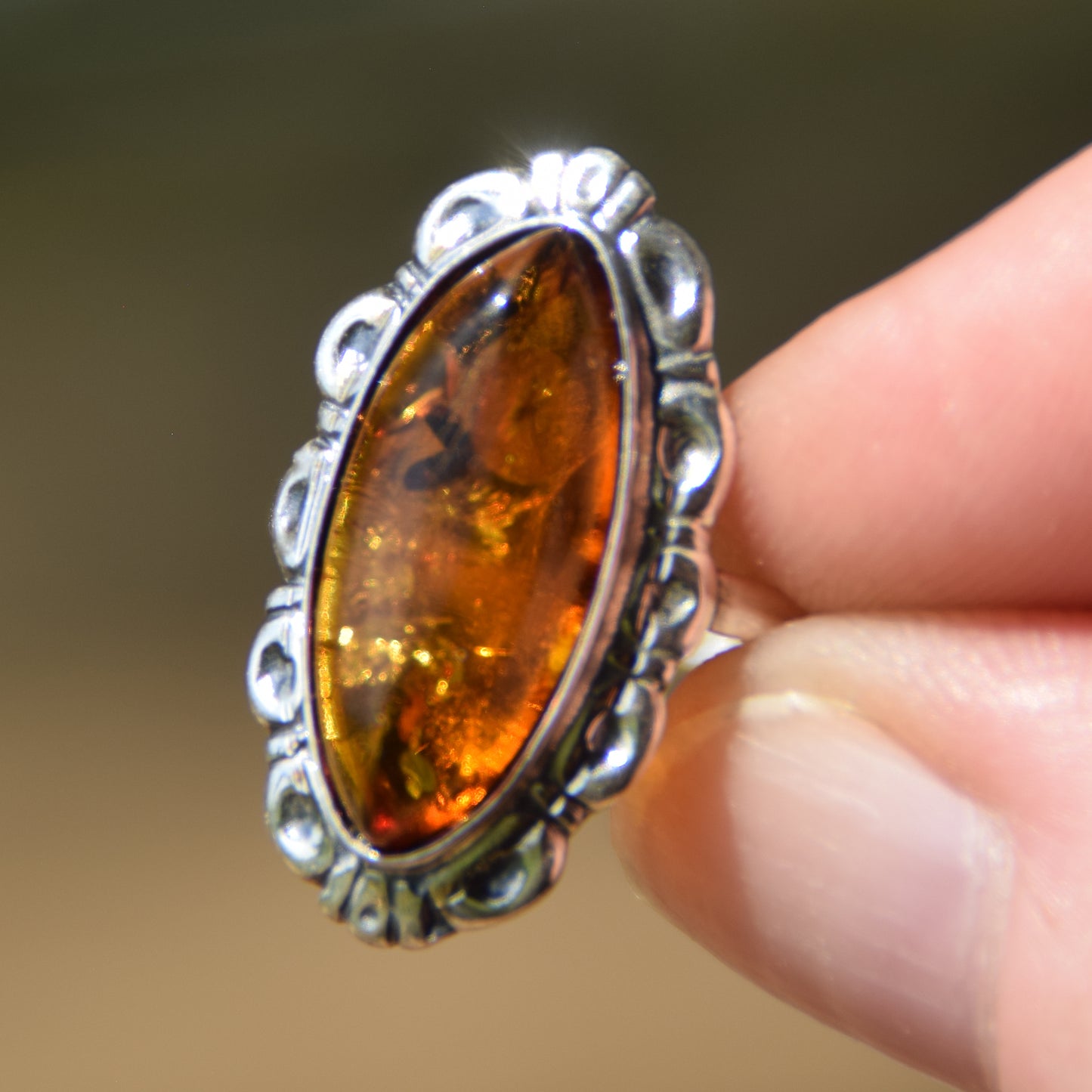 Tall vintage style ring with natural cognac amber and 925 silver, MJ Baltica, BP143