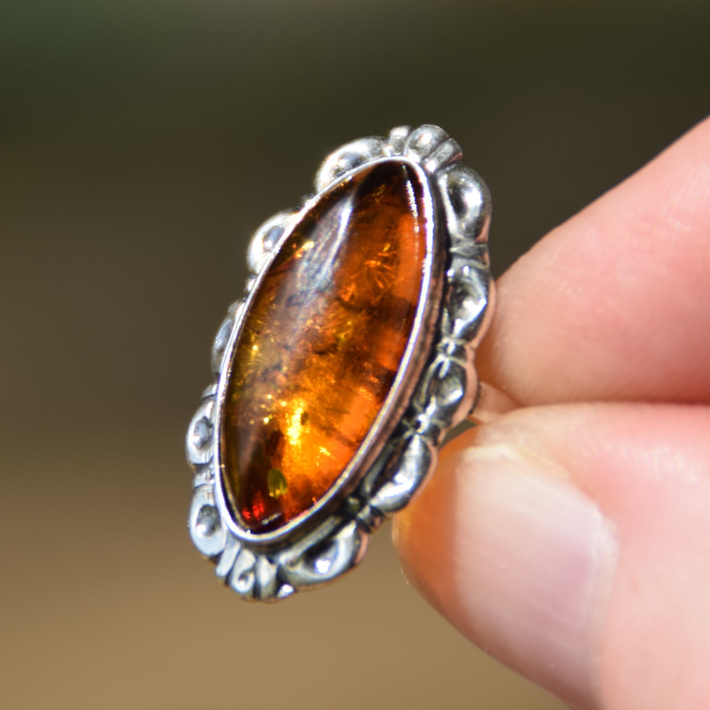Tall vintage style ring with natural cognac amber and 925 silver, MJ Baltica, BP143