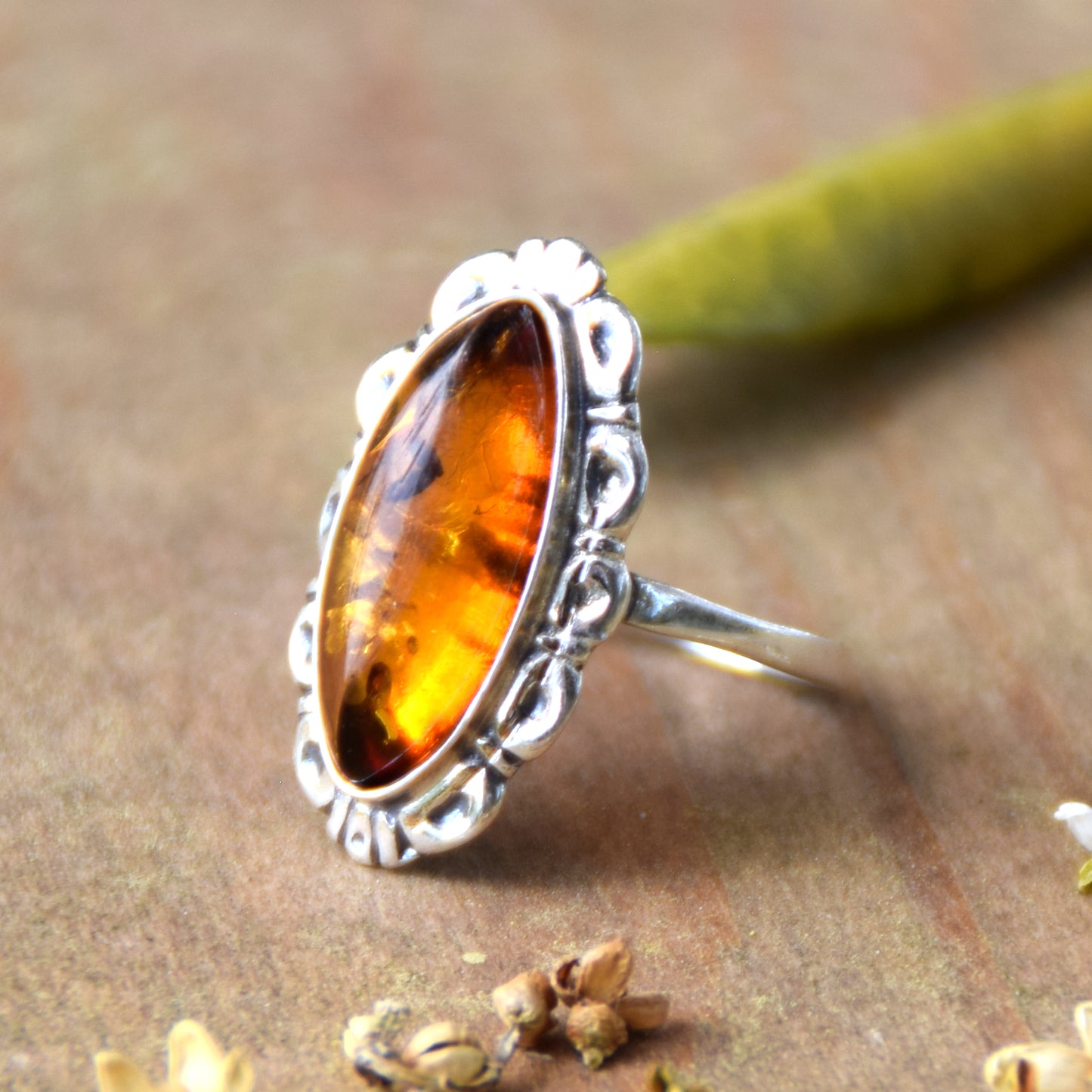 Tall vintage style ring with natural cognac amber and 925 silver, MJ Baltica, BP143