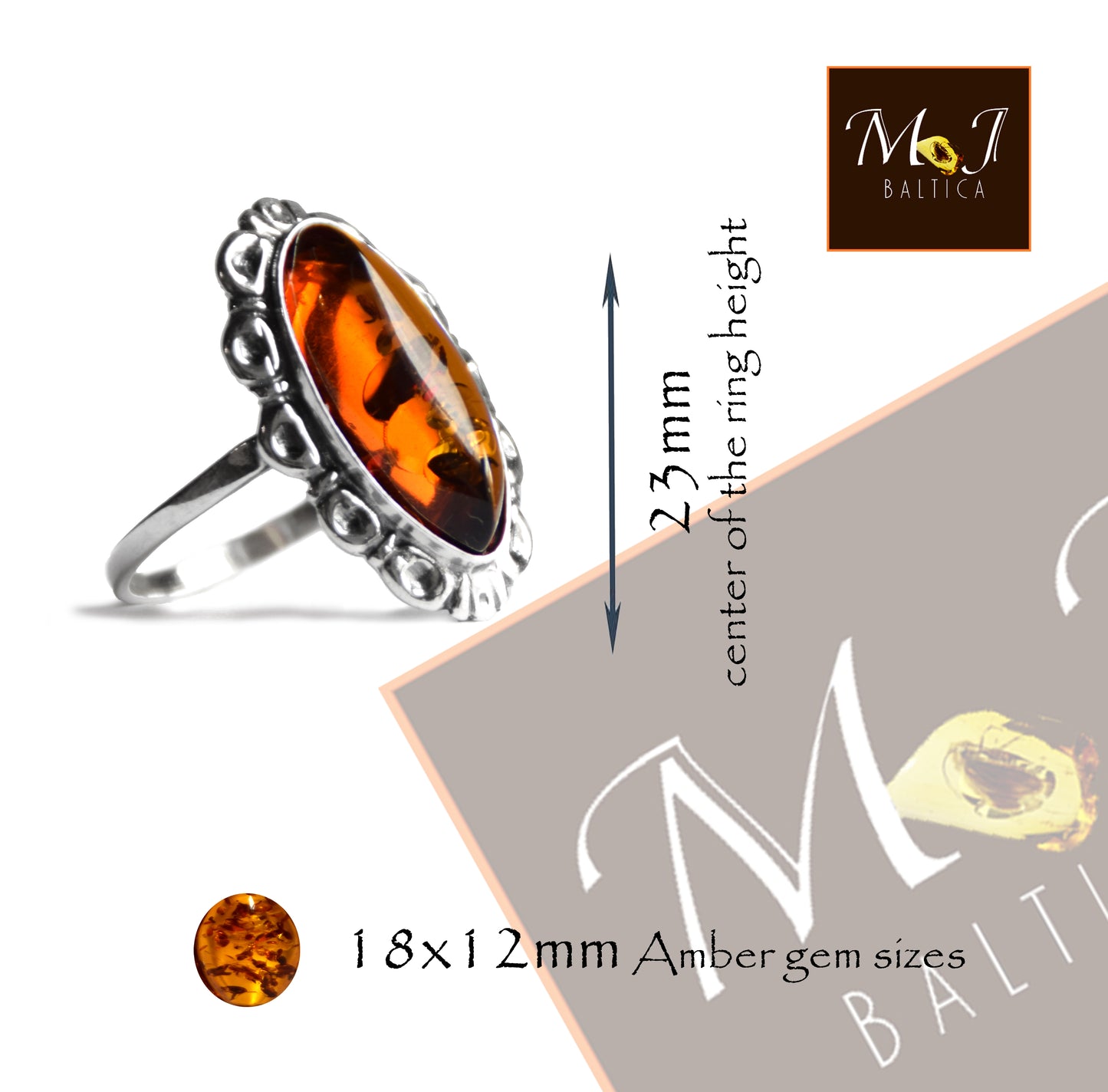 MJ Baltica, anello, Ambra naturale Baltica, Argento 925, artigianale, classico, cognac, grande, BP143