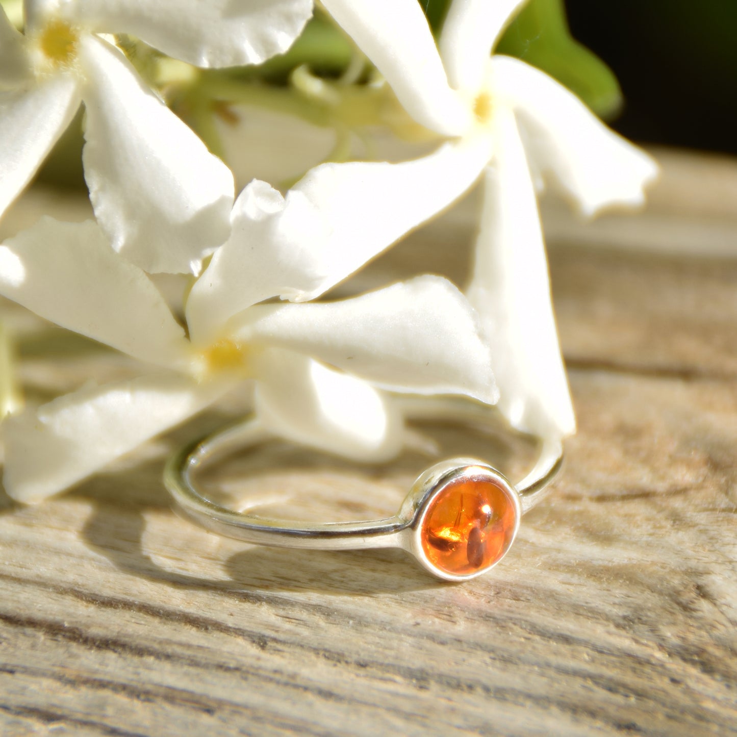 Linear, essential-style ring in natural cognac amber and 925 Silver, MJ Baltica, BP144