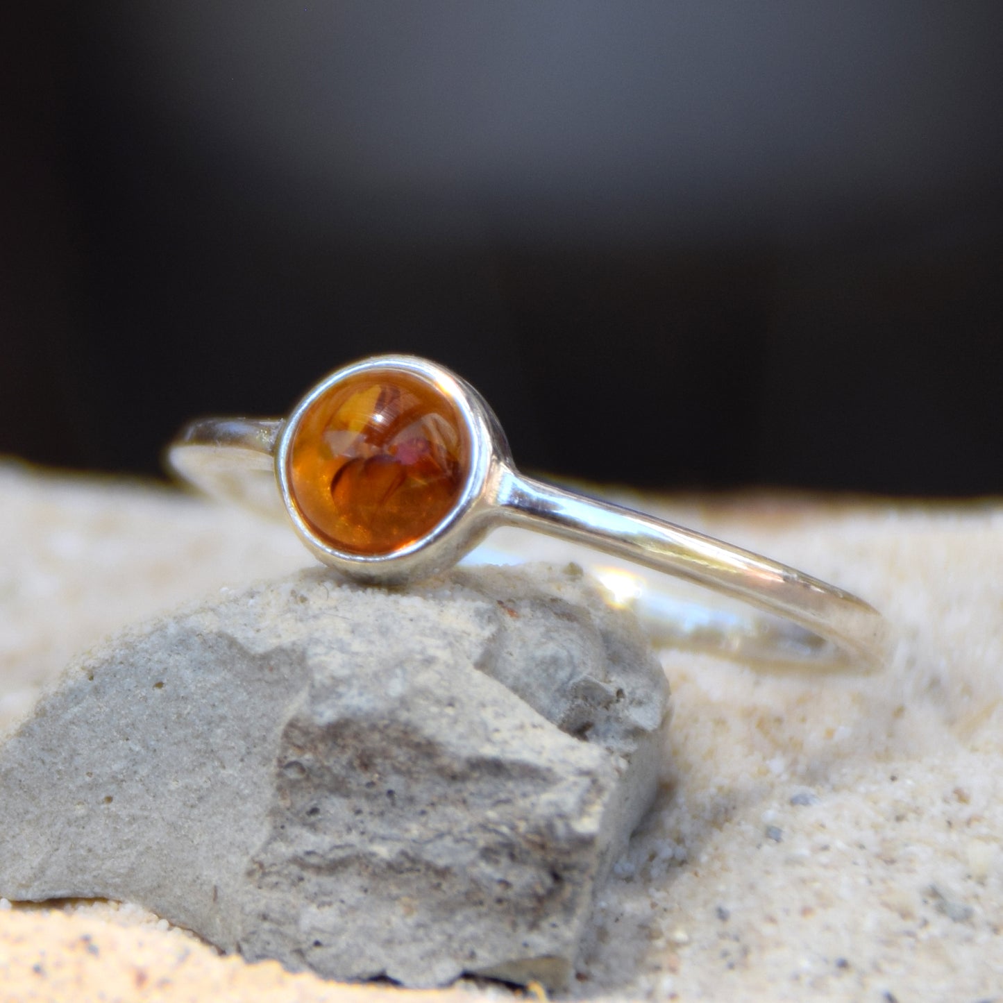 Linear, essential-style ring in natural cognac amber and 925 Silver, MJ Baltica, BP144