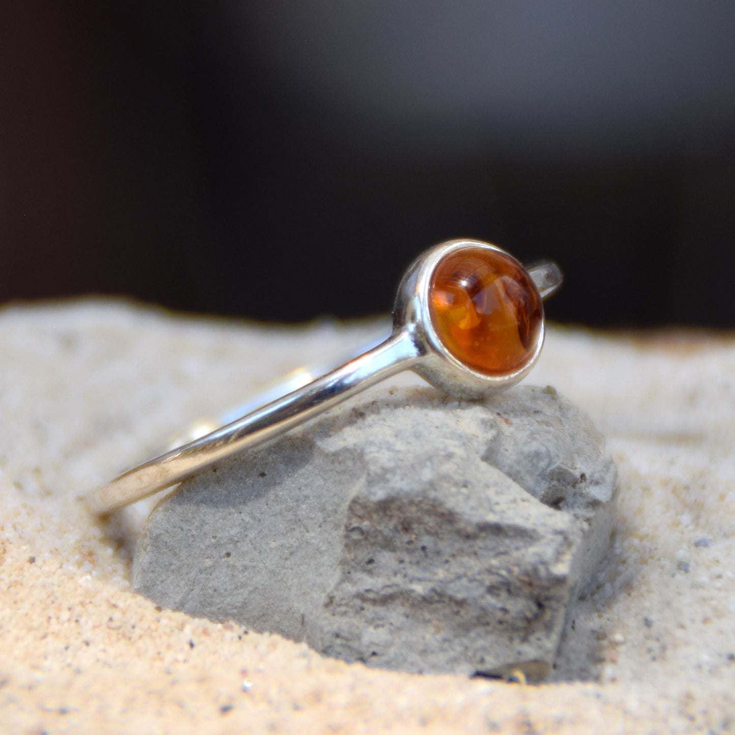 Linear, essential-style ring in natural cognac amber and 925 Silver, MJ Baltica, BP144