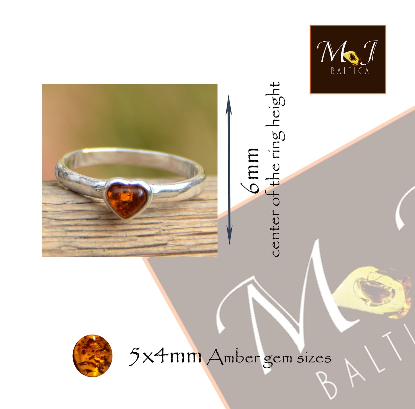 MJ Baltica, anello, Ambra naturale Baltica, Argento 925, artigianale, cuore, luminoso, delicato, BP145