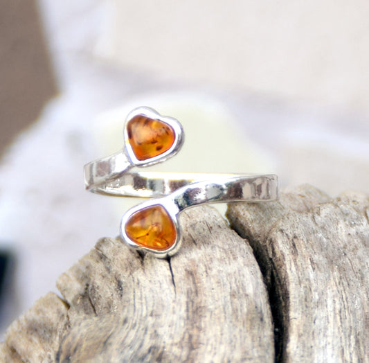 MJ Baltica, Ring, baltischer Naturbernstein, 925 Silber, verstellbar, zwei Herzen, BP146