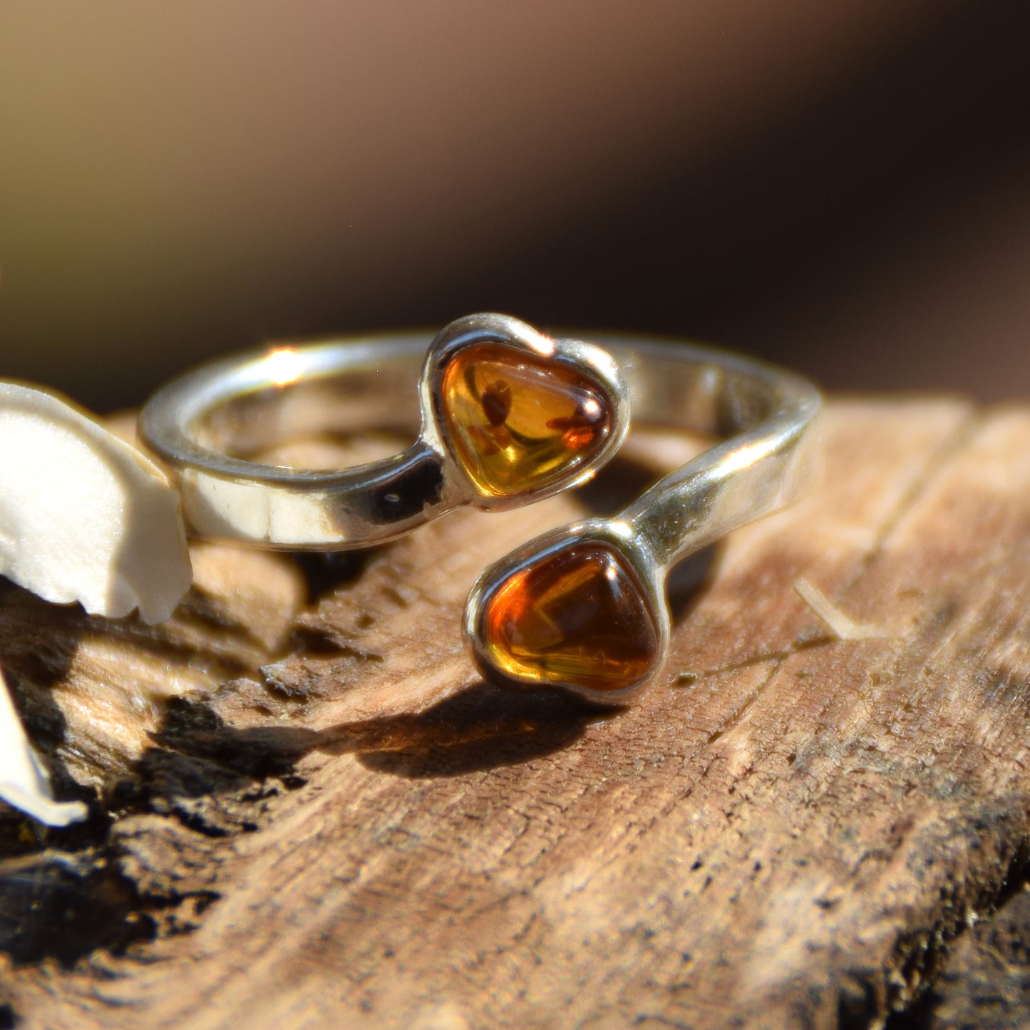 Adjustable ring with two cognac natural amber hearts and 925 Sterling Silver, MJ Baltica, BP146