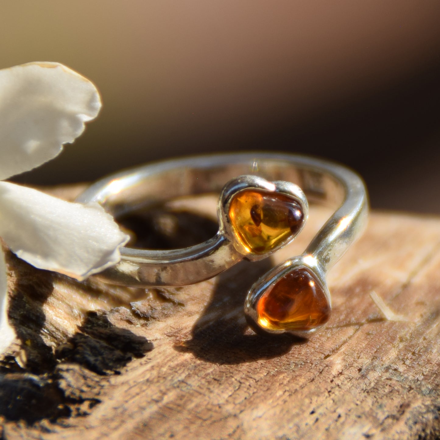 Adjustable ring with two cognac natural amber hearts and 925 Sterling Silver, MJ Baltica, BP146