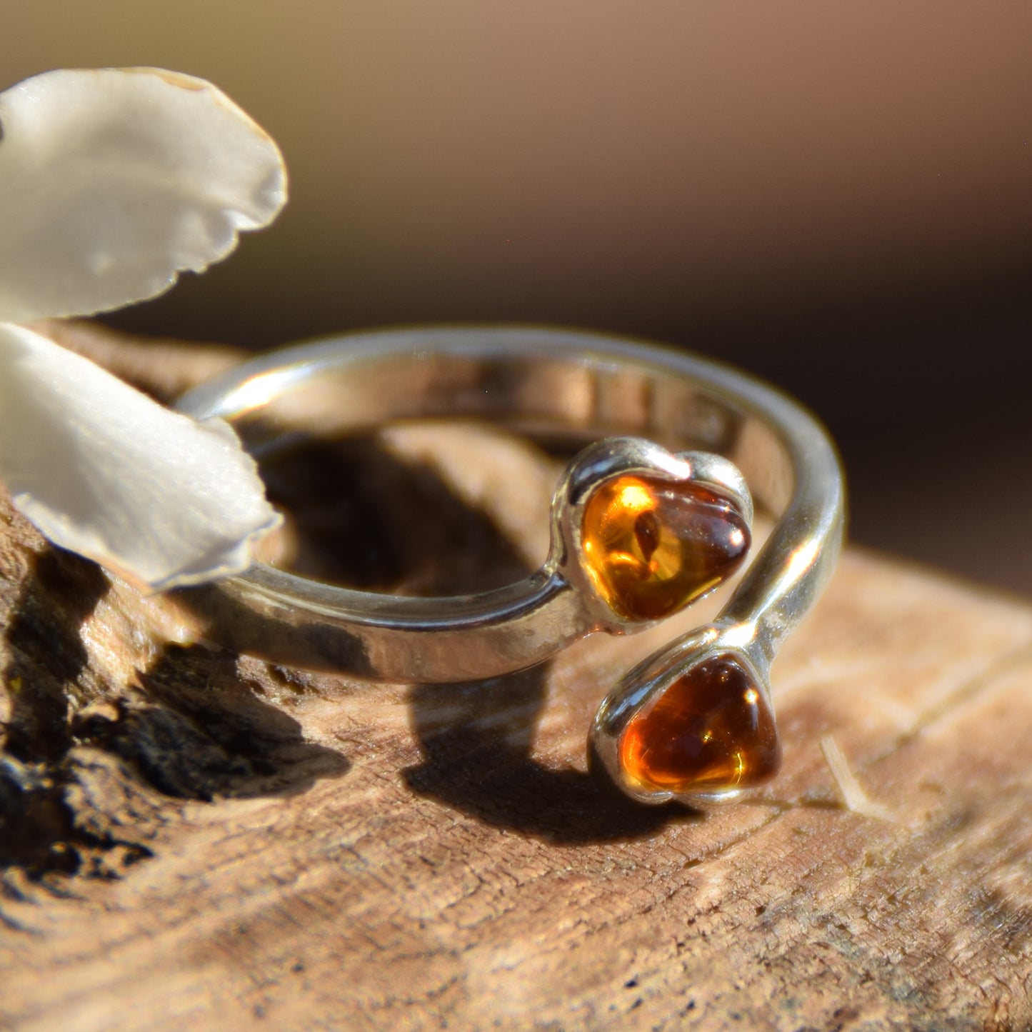 Adjustable ring with two cognac natural amber hearts and 925 Sterling Silver, MJ Baltica, BP146