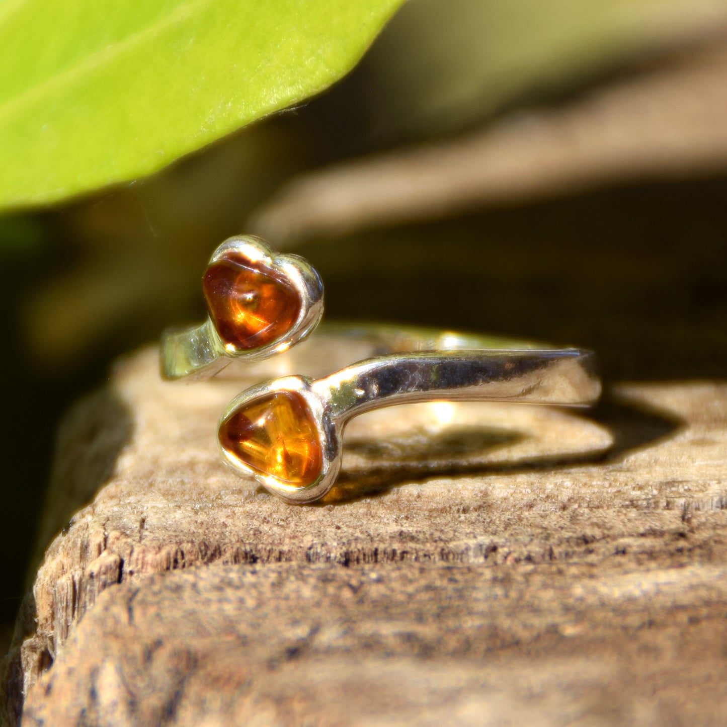 Adjustable ring with two cognac natural amber hearts and 925 Sterling Silver, MJ Baltica, BP146