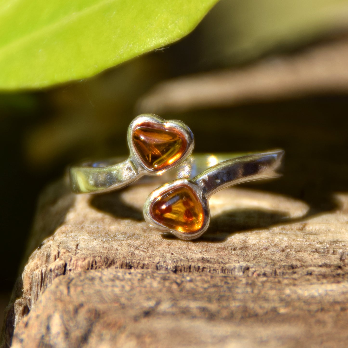 Adjustable ring with two cognac natural amber hearts and 925 Sterling Silver, MJ Baltica, BP146