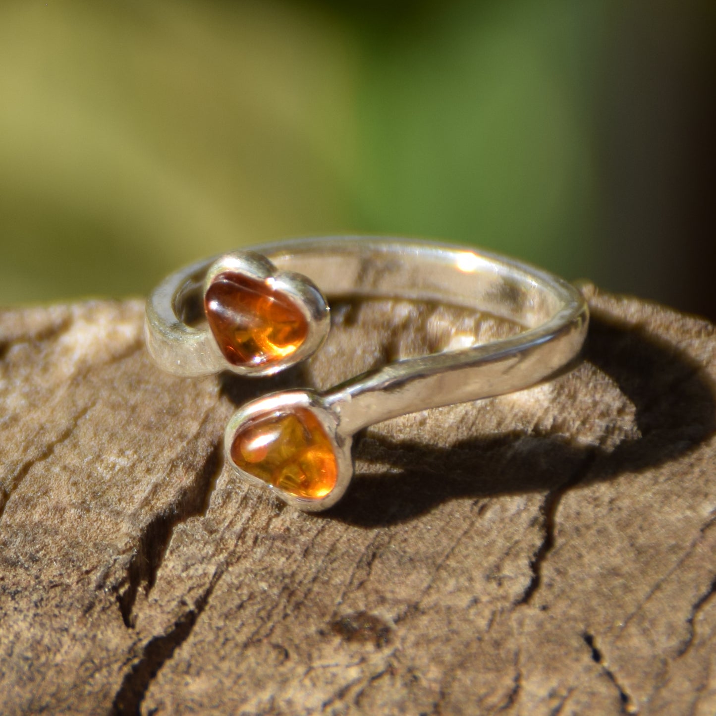 Adjustable ring with two cognac natural amber hearts and 925 Sterling Silver, MJ Baltica, BP146