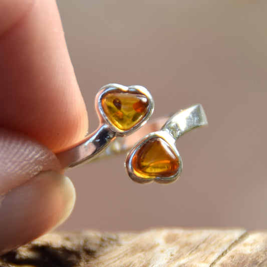 Adjustable ring with two cognac natural amber hearts and 925 Sterling Silver, MJ Baltica, BP146