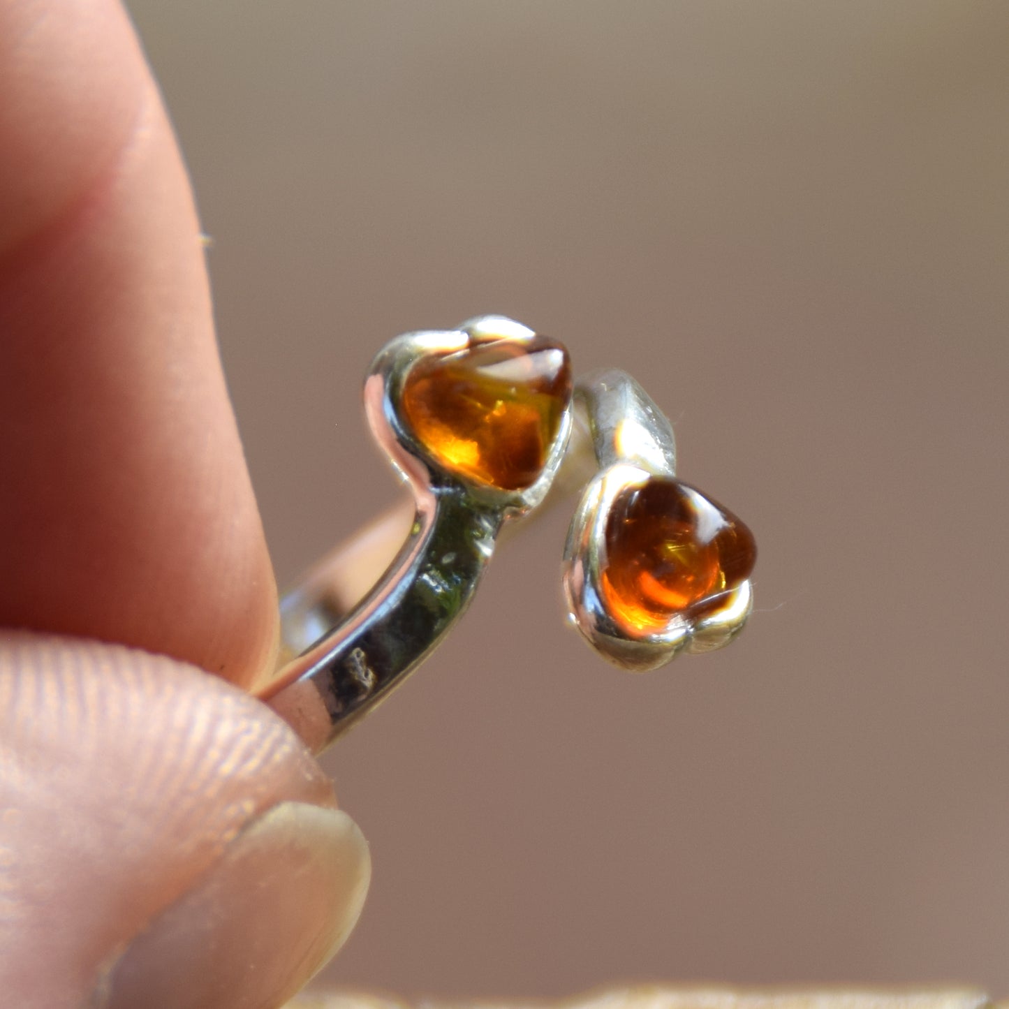 Adjustable ring with two cognac natural amber hearts and 925 Sterling Silver, MJ Baltica, BP146