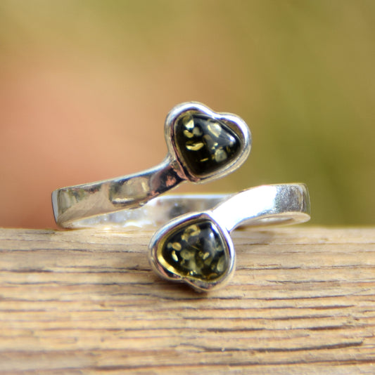 Adjustable ring with two green natural Amber hearts and 925 Silver, MJ Baltica, BP147