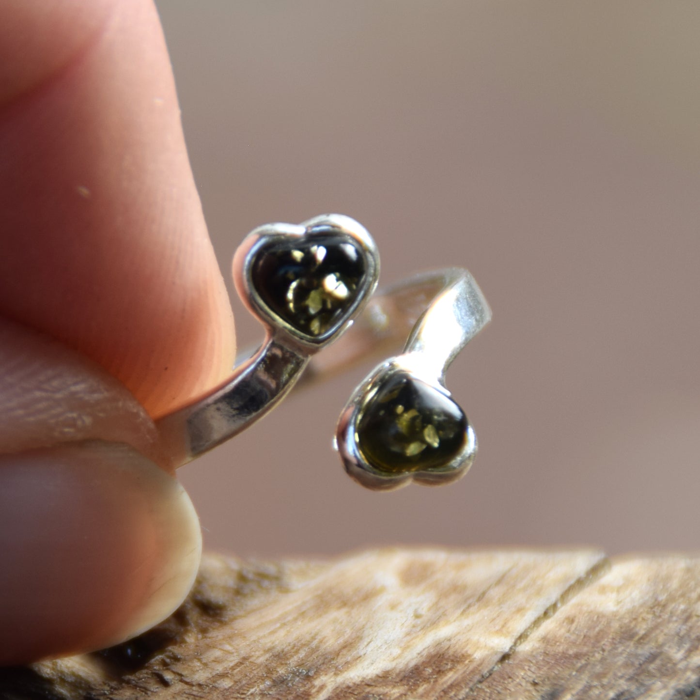 Adjustable ring with two green natural Amber hearts and 925 Silver, MJ Baltica, BP147
