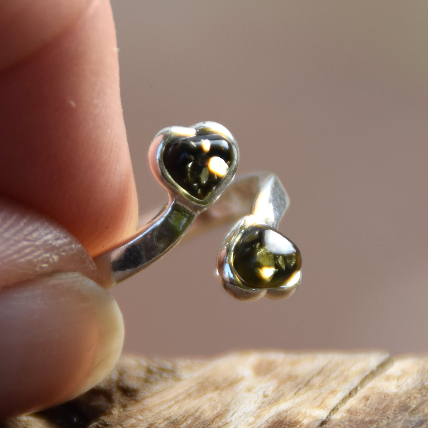 Adjustable ring with two green natural Amber hearts and 925 Silver, MJ Baltica, BP147